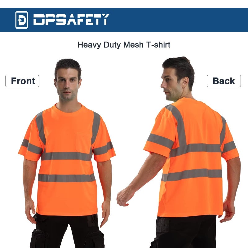 DPSAFETY High Visibility Class 3 T Shirts,Hi Vis Safety Shirts with Reflective Strips and Pocket, Short Sleeve Quick Dry Mesh Construction Work Shirt for Men/Women Orange,5XL - Image 4